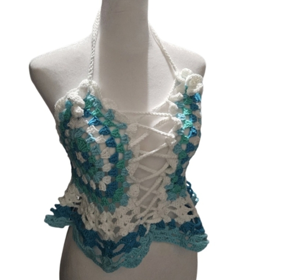 Handmade Granny Square Crochet Halter Top Mermaidcore Boho Criss-cross Icy Blue - Picture 11 of 17